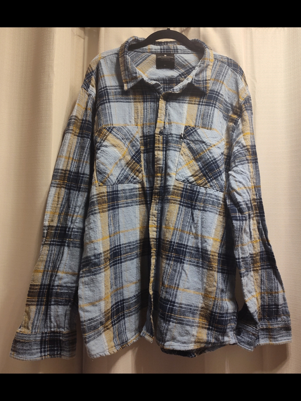 Junk Food Clothing Los Angeles Light Blue, Navy & Mustard Plaid Flannel Shirt